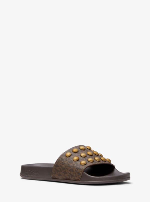 Damske Slapky Michael Kors Gilmore Studded Logo Hnede - Topanky Michael Kors Sleva | SDQWR-2095